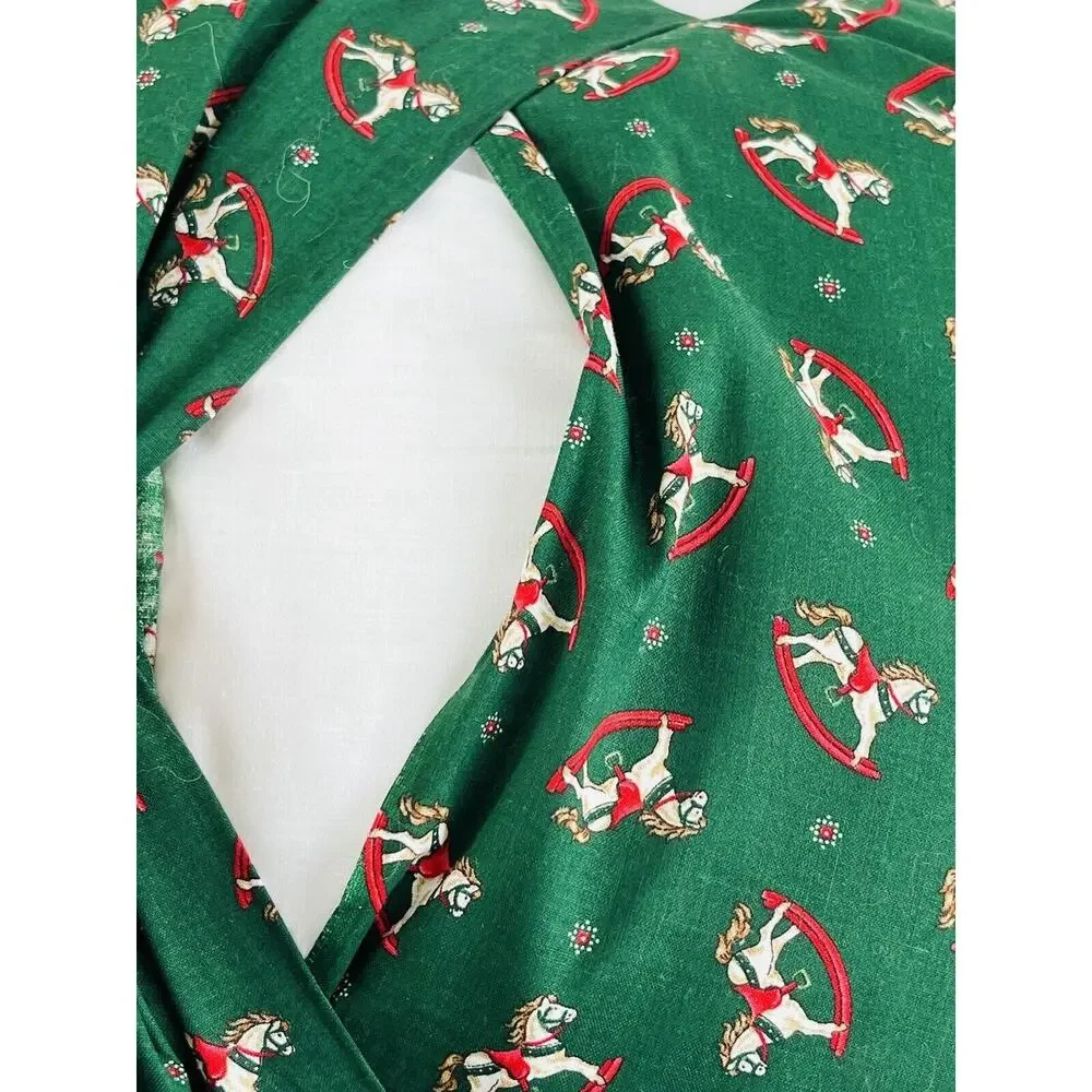 Vintge Christmas Quilted Decor Pillow Red Green Yellow 14x14 Rocking Horse Star